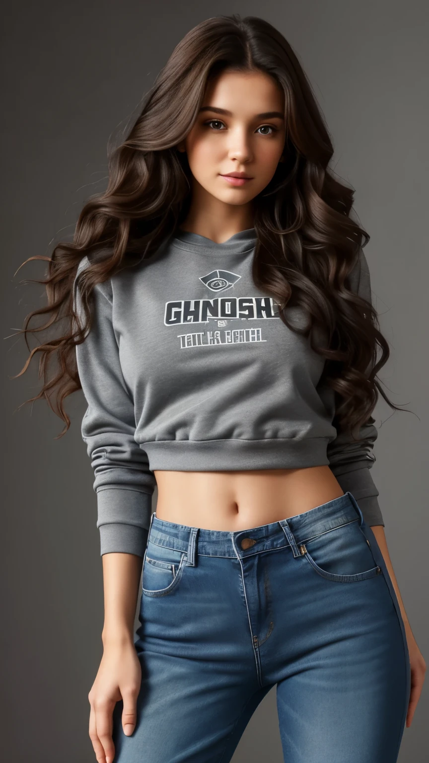 photo full length a color stock photo of a girl with dark long very curly hair, Sasha Kichigina, in sweatshirt,  denim pants , full face, image on a gray background(best quality: 1.5), high-quality, realistic, detailed