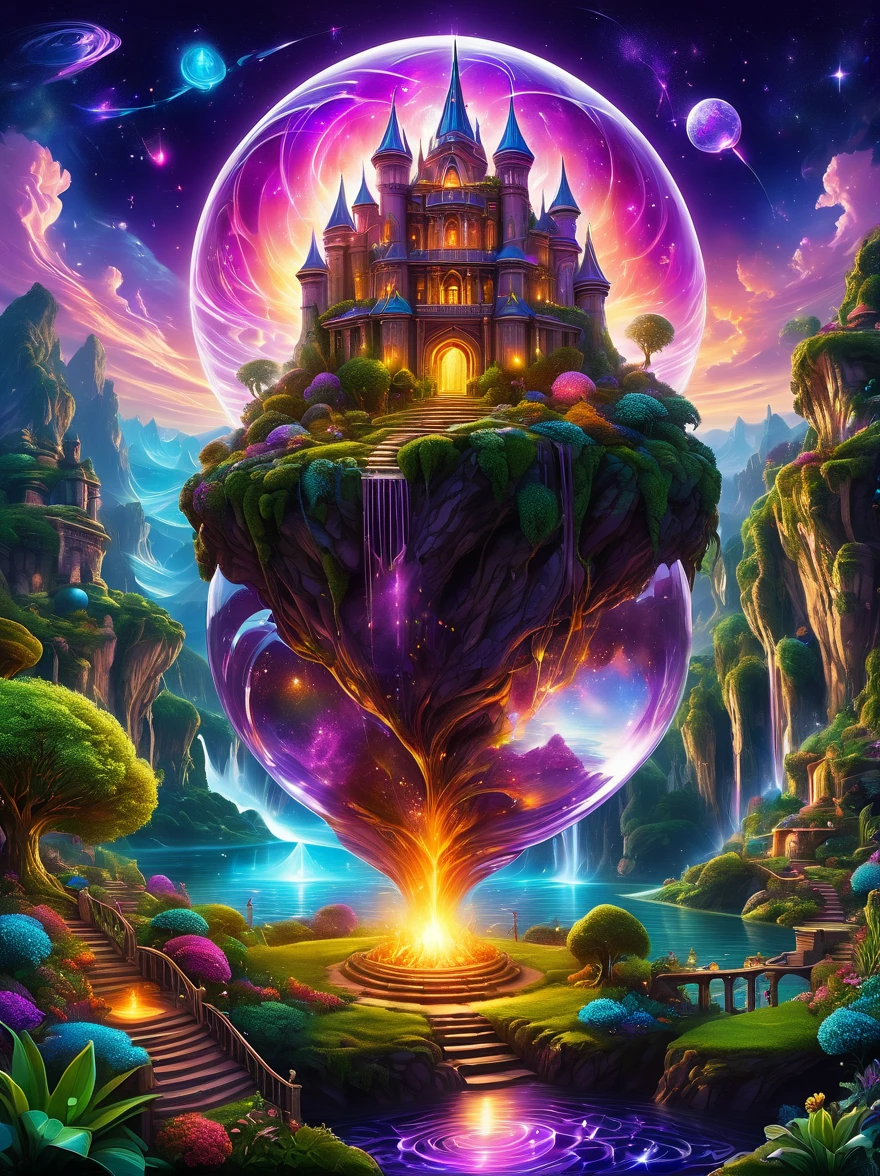 Magical World,Ancient and mysterious castle,(Purple Bonfire:1.5),gemstone decoration,glowing plant,Silver Creek,Colored clouds,Strange creatures,Huge magic library,Rich collection of Bookagic waves,Crystal Ball,distant galaxy,Field of magic,Learning Magician,Glowing magic symbol,A land of dreams,Time and space distortion,River of Light,Magic Garden, Ultra wide angle, Upward view, Knee strikes(Xx), full length shot(FLS), High Detail, high resolution, Super quality, detailed, Surrealism,