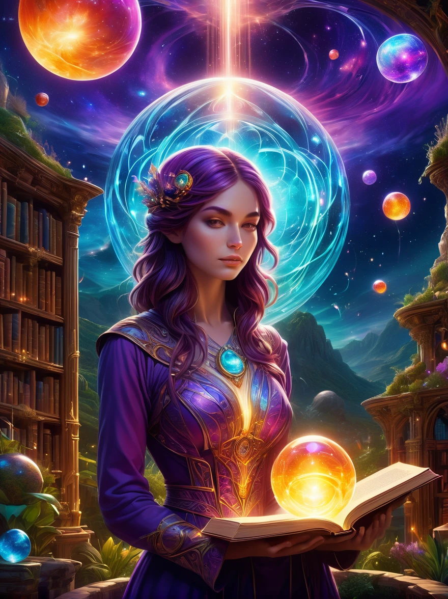 Magical World，(1 Girl trapped in a cosmic vortex nebula:1.5)，Rendered with the Cosmic Beach Swirl engine，(Detailed facial features)，(Beautiful facial features)，Ancient and mysterious castle，Purple Stone，gemstone decoration，glowing plant，Silver Creek，colored clouds，Strange Creatures，Huge magic library，Rich book collection，Magic fluctuations，Crystal Ball，Distant galaxies，Field of magic，A female magician who studies magic，(Glowing magic symbol)，Dreamland，Time and space distortion，River of Light，(Enchanted Garden)，Ultra-wide lens，Bottom view，Knee Shot(KS)，Full body shot(FLS)，High Detail，high resolution，Ultra-high quality，detailed，Hyperrealism，Volumetric Lighting，Spectacular，Ambient Light，light pollution，Movie atmosphere，Art Nouveau，Illustration artwork by SenseiJaye，Intricate details