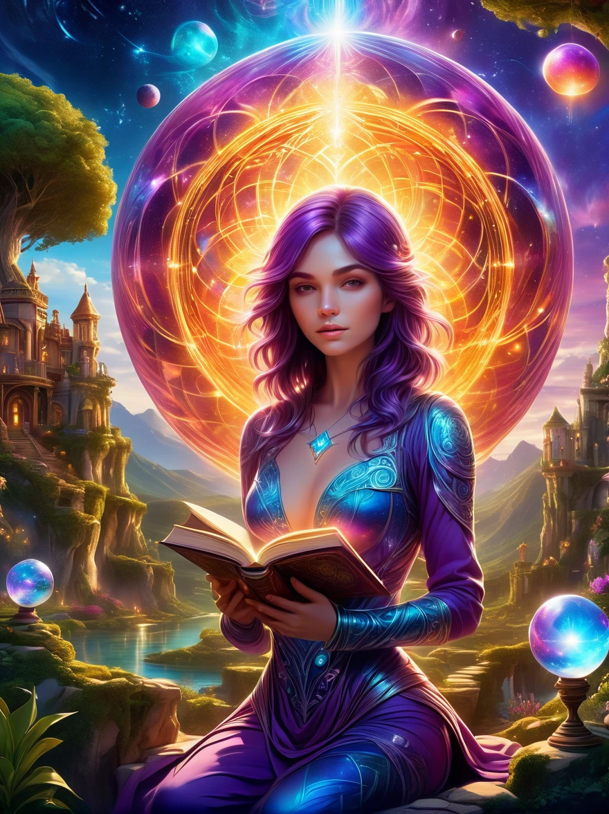 Magical World,(1 Girl trapped in a cosmic vortex nebula:1.5),Rendered with the Cosmic Beach Swirl engine,(Detailed facial features),(Beautiful facial features),Ancient and mysterious castle,Purple Stone,gemstone decoration,glowing plant,Silver Creek,colored clouds,Strange Creatures,Huge magic library,Rich book collection,Magic fluctuations,Crystal Ball,Distant galaxies,Field of magic,A female magician who studies magic,(Glowing magic symbol),Dreamland,Time and space distortion,River of Light,(Enchanted Garden),Ultra-wide lens,Bottom view,Knee Shot(KS),Full body shot(FLS),High Detail,high resolution,Ultra-high quality,detailed,Hyperrealism,Volumetric Lighting,Spectacular,Ambient Light,light pollution,Movie atmosphere,Art Nouveau,Illustration artwork by SenseiJaye,Intricate details