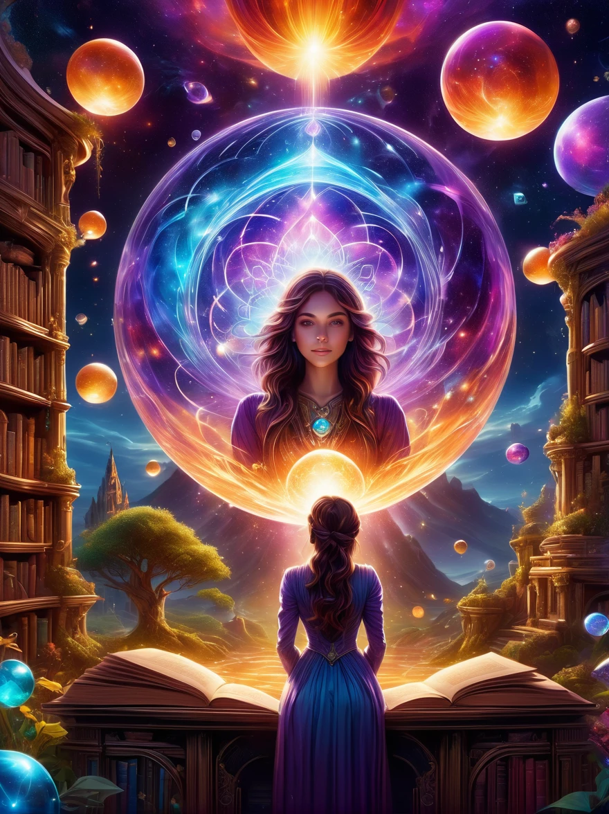 Magical World，(1 Girl trapped in a cosmic vortex nebula:1.5)，Rendered with the Cosmic Beach Swirl engine，(Detailed facial features)，(Beautiful facial features)，Ancient and mysterious castle，Purple Stone，gemstone decoration，glowing plant，Silver Creek，colored clouds，Strange Creatures，Huge magic library，Rich book collection，Magic fluctuations，Crystal Ball，Distant galaxies，Field of magic，A female magician who studies magic，(Glowing magic symbol)，Dreamland，Time and space distortion，River of Light，(Enchanted Garden)，Ultra-wide lens，Bottom view，Knee Shot(KS)，Full body shot(FLS)，High Detail，high resolution，Ultra-high quality，detailed，Hyperrealism，Volumetric Lighting，Spectacular，Ambient Light，light pollution，Movie atmosphere，Art Nouveau，Illustration artwork by SenseiJaye，Intricate details