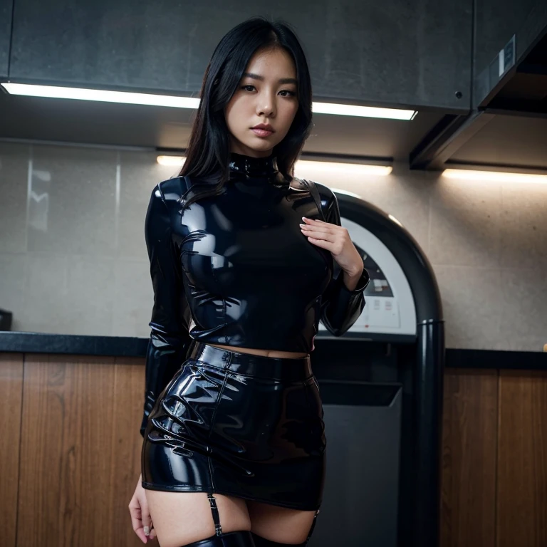 Asian Woman wearing black Latex thigh highs, tight black Latex skirt, an navy blue shirt