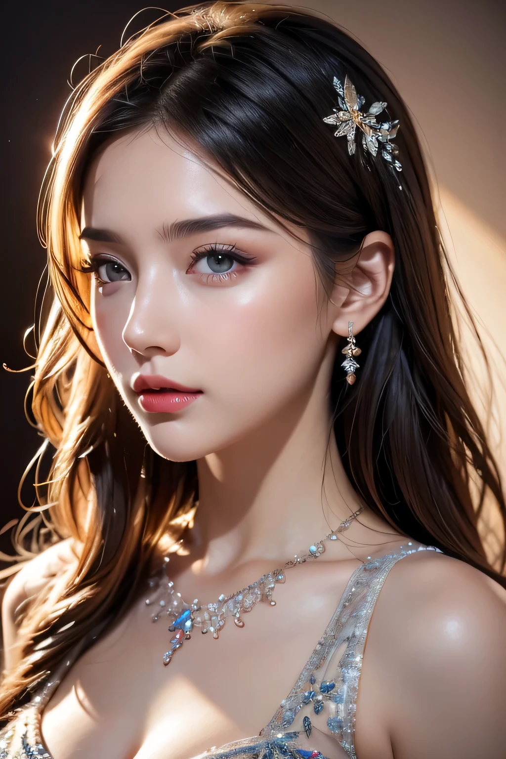 High-quality work，Realistic works，Super premium graphics，8K HD CG works，high quality graphics，High-definition and exquisite CG works，10x pixels，Ultra-fine details：1.1，Advanced technical details：1.1Realistic photo effects，Interior lighting effects：1.5，natural soft light：1.5. Light effect（Virtual light effects：1.8），ultra high resolution，shining dress，sliver long hair，silber hair，transparenthair，high detailed hair（Quality hair details：1.1）Clear eyes，Double eyelids look good，Sharp eye makeup, Create exquisite eyelash makeup, tthin eyebrows, Ultra-detailed eyes，a tall nose, lovely red lips, rosey cheeks, With delicate makeup on her face , pretty face, The face shape is perfectly proportioned,（Advanced facial details：1.1）a girl, happy, very long hair, setailed eyes, glossy lips, rainbow Crystal dress, rainbow dress, colorful crystals, reflecting lights on crystals, spreading lights, attractive pose, whole body capture,，Women's artwork，Dress full body video，Realism，Amazing Cleavage，My eyes are very bright today
