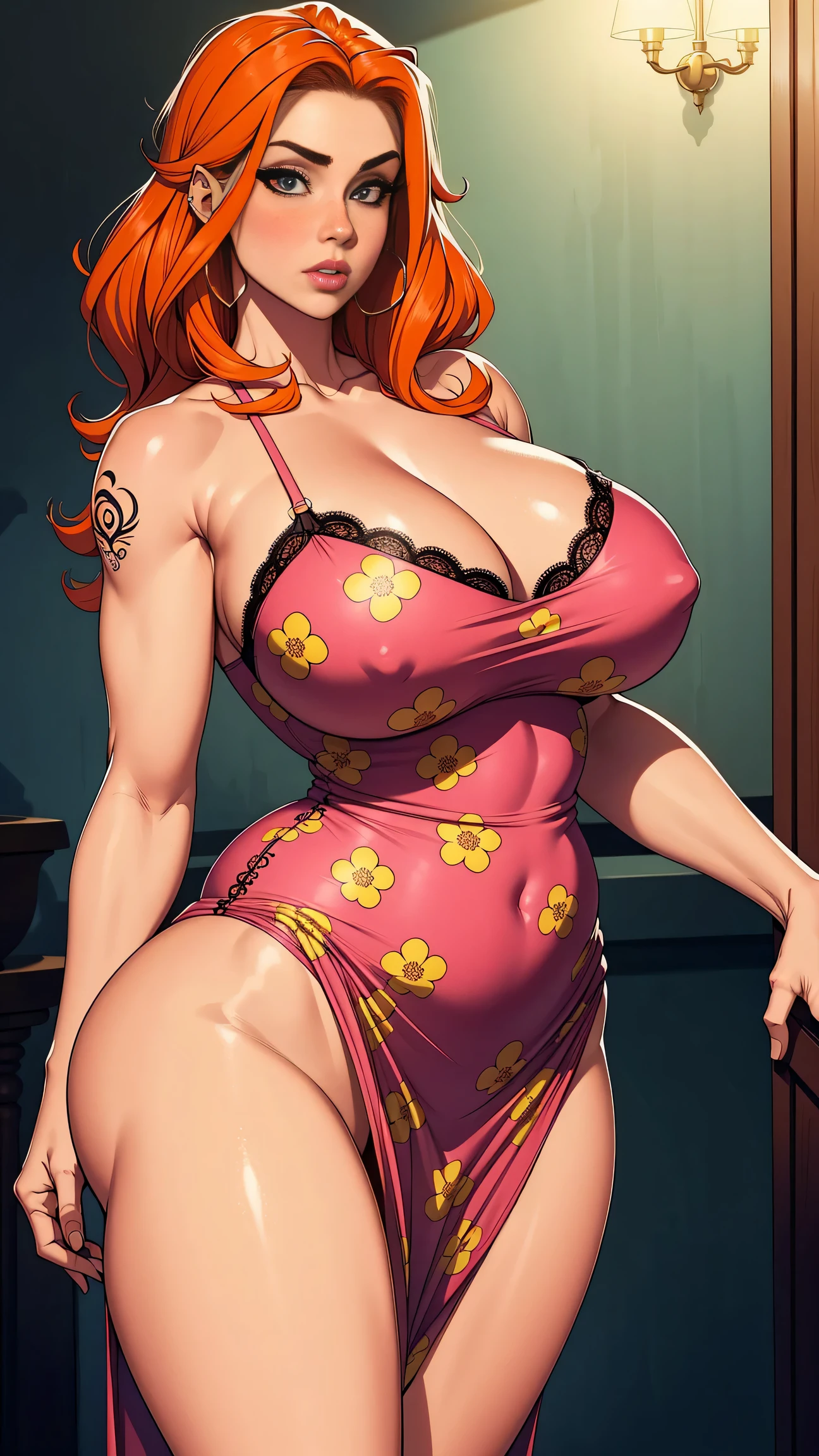 1girl, seios gigantescos, Curvilinear waist, bunda grande, massive breasts, seios grandes, Seios enormes, seios gigantescos, coxas grossas, muscular female, corpo suculento, corpo, bunda suculenta, seios suculentos, seios cheios, bunda cheia, breasts larger than the head, Roupas da era vitoriana, orange hair, cabelos longos, Cabelo amarrado, tatuagem de seios, Heart tattoo, piercing no nariz, pose sensual, provocando o espectador, ereta sob a roupa, at night, janela do quarto, no quarto, thick dress, pink dress, printed dress, flower printed on dress, bimbo breasts, bimbo body, erect under dress, lace bra under dress