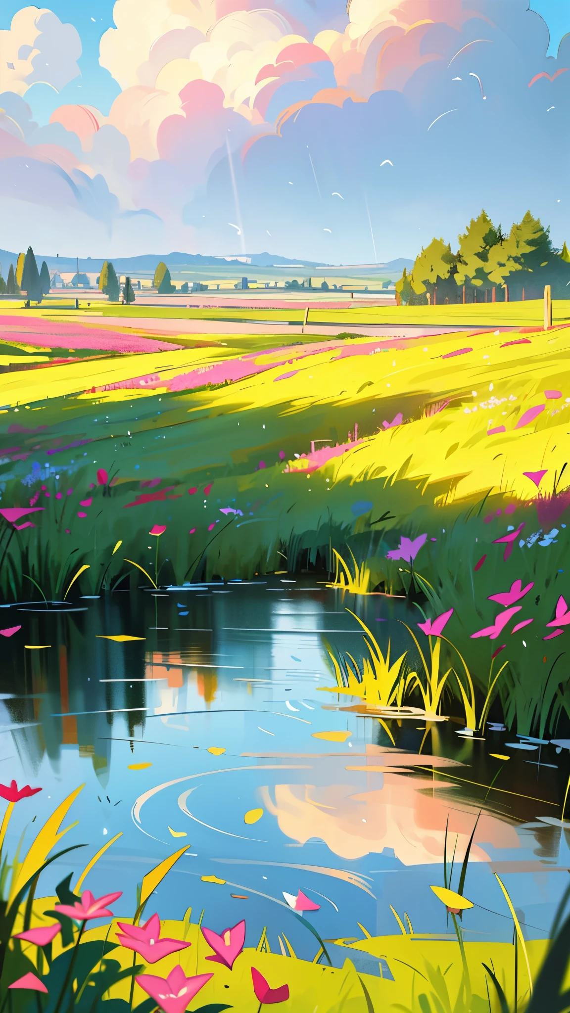 The idyllic rural scenery is breathtakingly beautiful, with lush green fields spreading out towards the horizon. High-definition images capture every intricate detail of this scenic landscape, from the textured blades of grass to the delicate patterns on the petals of wildflowers. Concept art brings an extra layer of magic to this setting, enhancing the atmospheric and intricate detail in the water reflections. The quiet puddle after the rain shines with a mirror-like surface, reflecting the cloudy sky with sparkling water droplets, adding depth and dimension to the scene. Realistic rendering in 4K resolution, HDR, and UHD showcases every detail with