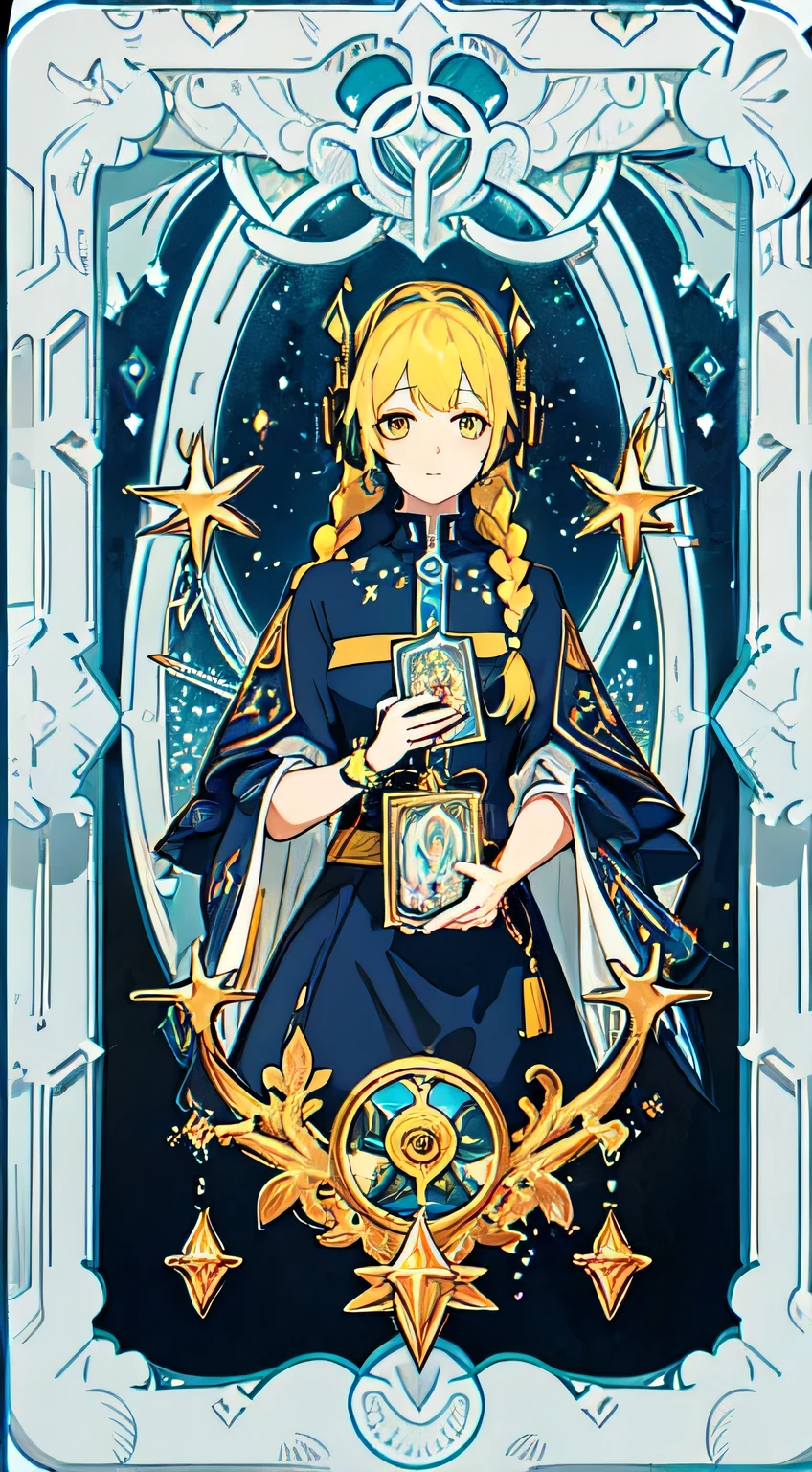 (masterpiece, top quality, best quality, official art, beautiful and aesthetic:1.2), (1girl:1.3), (gamer girl with headset), (fractal art:1.3), card, tarot, yellow hair, twin braids, (good lighting:1.1), ((highres)), Tarot card style, card frame and borders fully visible, intricate detail