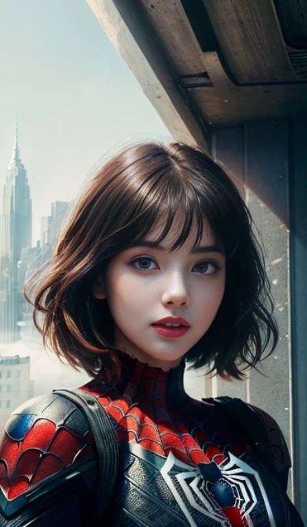 (1girl:1.3), Solo, (((Very detailed face)))), ((Very detailed eyes and face)))), Beautiful detail eyes, Body parts__, Official art, Unified 8k wallpaper, Super detailed, beautiful and beautiful, beautiful, masterpiece, best quality, original, masterpiece, super fine photo, best quality, super high resolution, realistic realism, sunlight, full body portrait, amazing beauty, dynamic pose, delicate face, vibrant eyes, (from the front), She wears Spider-Man suit, red and black color scheme, spider, very detailed city roof background, rooftop, overlooking the city, detailed face, detailed complex busy background, messy, gorgeous, milky white, highly detailed skin, realistic skin details, visible pores, clear focus, volumetric fog, 8k uhd, DSLR, high quality, film grain, fair skin, photo realism, lomography, futuristic dystopian megalopolis, translucent