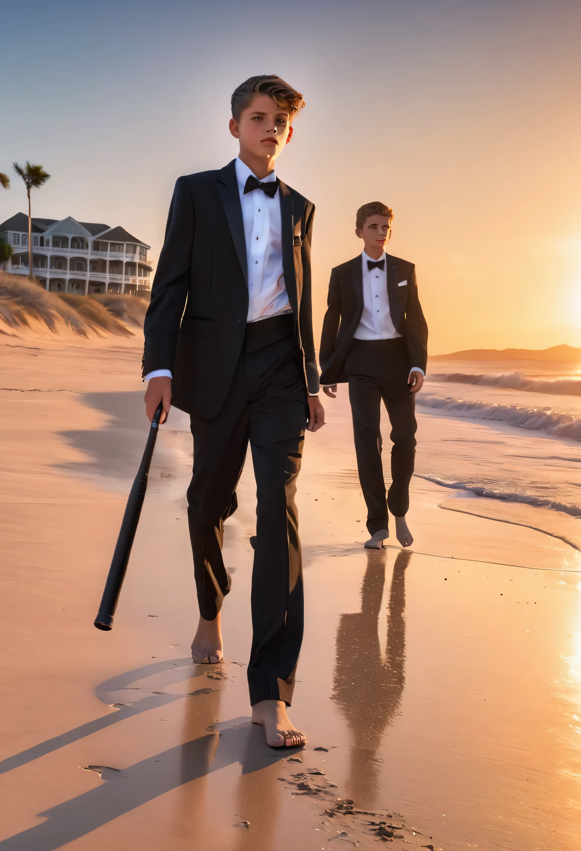 beautiful  boys in tuxedos, ultra detailed faces, walking along beach barefoot, baseball bat, sunrise, ruined fort in background, feet visible, photorealistic hdr best quality