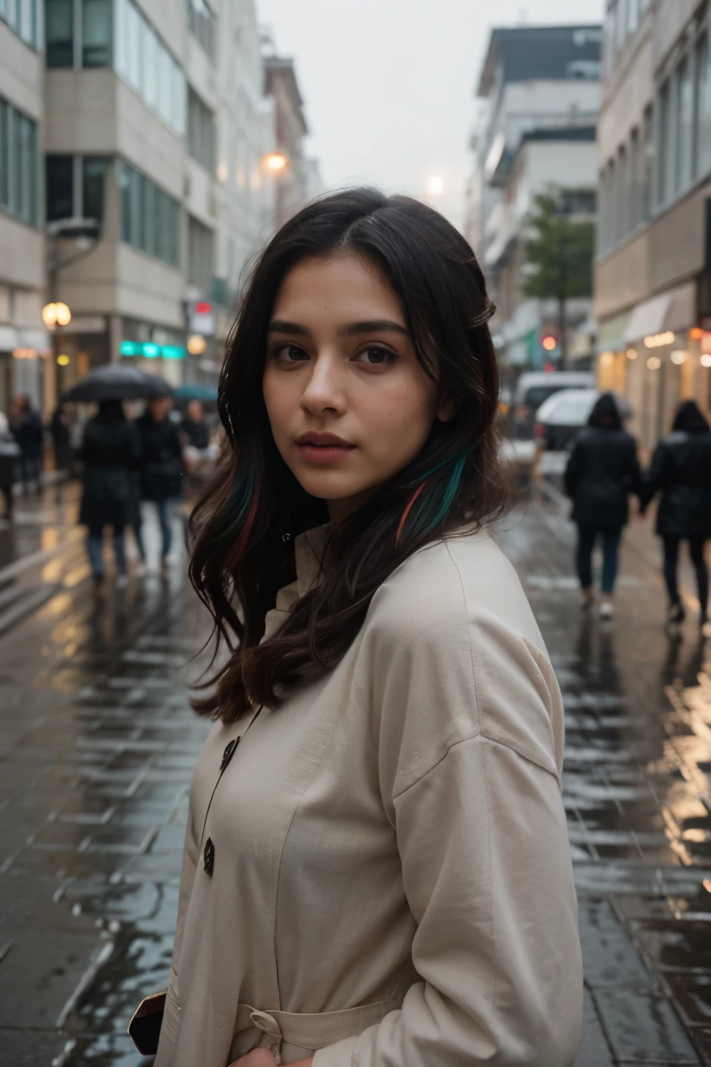 professional portrait photograph of a gorgeous indian girl in winter clothing with long wavy black hair, sultry flirty look, gorgeous symmetrical face, cute natural makeup, wearing elegant warm winter fashion clothing, ((standing outside in rainy city street)), stunning modern urban environment, ultra realistic, concept art, elegant, highly detailed, intricate, sharp focus, depth of field, f/1. 8, 85mm, medium shot, mid shot, (((professionally color graded))), bright soft diffused light, (volumetric fog), trending on instagram, hdr 4k, 8k