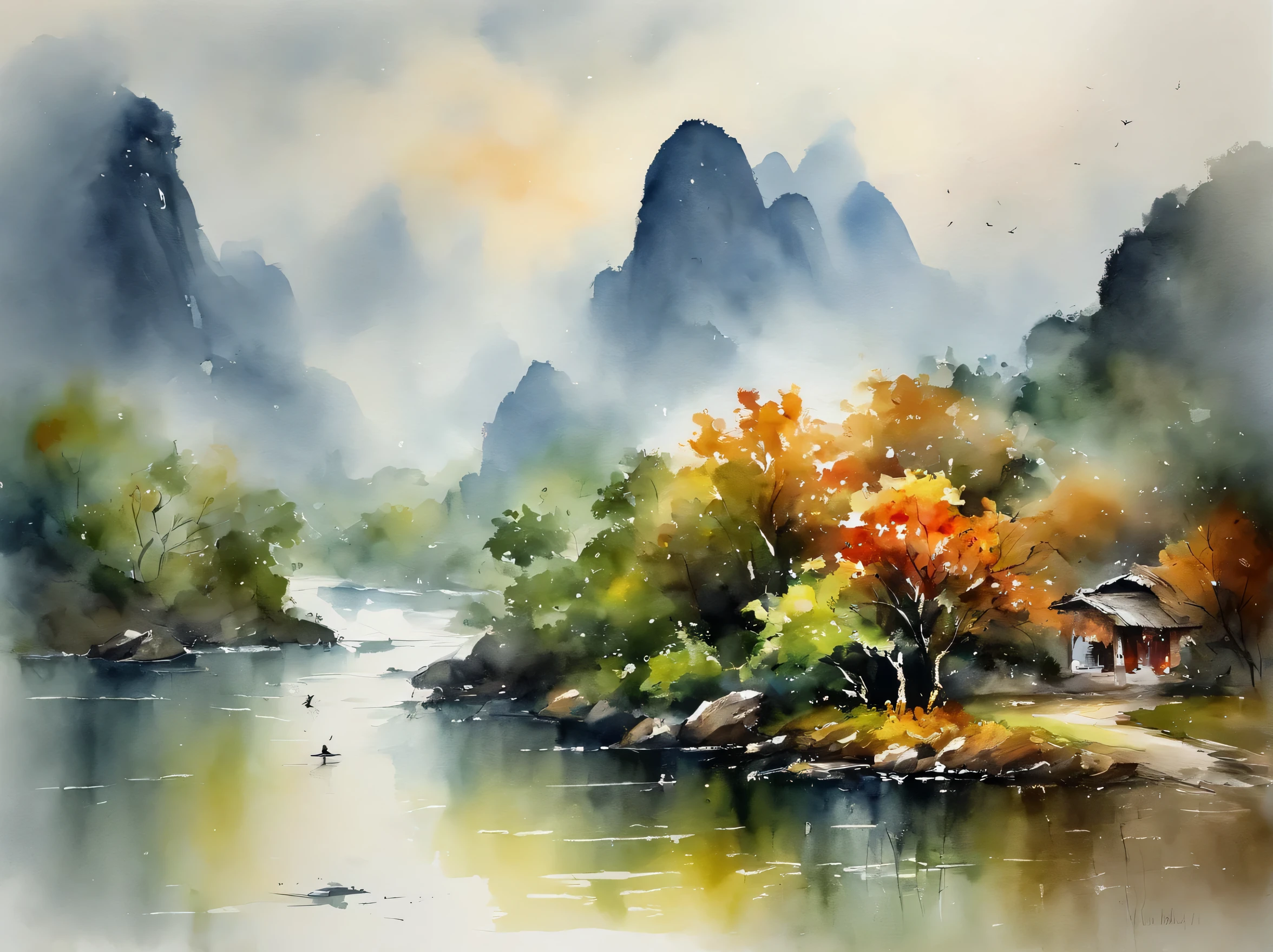 Guilin landscape in rainy season， Masterpiece Watercolor Art