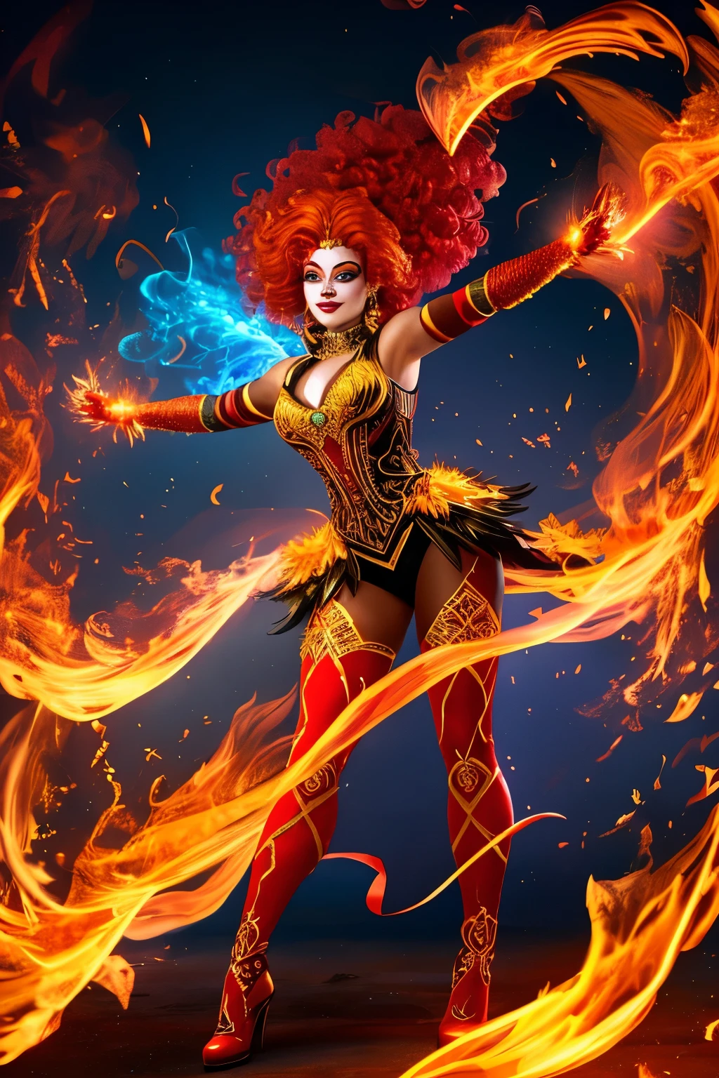 Behold the captivating figure of a fire elemental in the form of a female clown, exuding excellence and grace in her dynamic pose. Swirls of sparks dance throughout the air around her, brighter than the sun, illuminated by cinematic lighting that highlights every intricate detail of her figure. Her full body is adorned with an intricate design of fiery red and orange hues, each line and curve finely detailed. The flames on her body seemingly merge with the surrounding fire, creating a breathtaking contrast against the stark realism of her environment. Her accents, such as the golden circus insignia on her heels and the tufts of curly