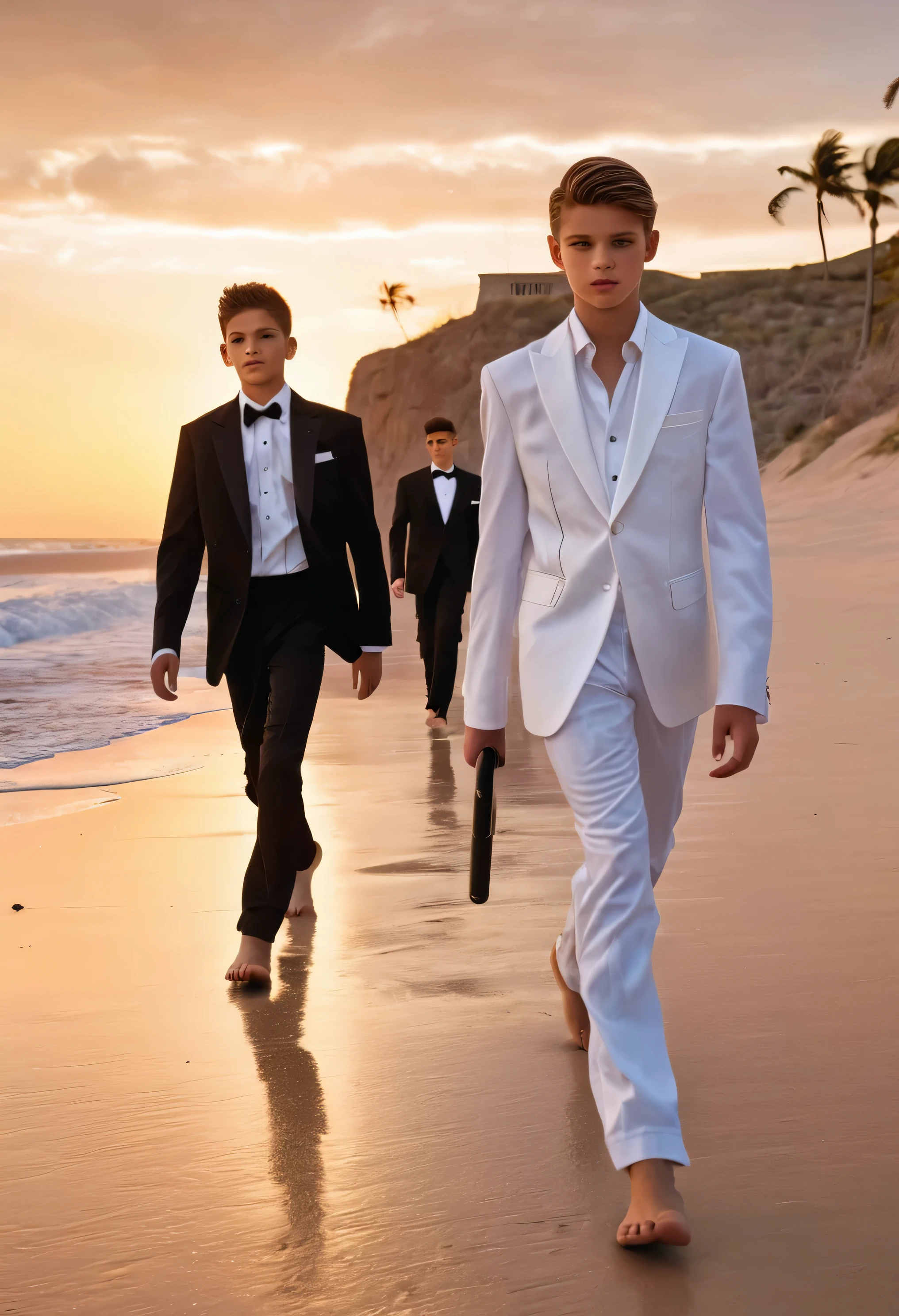 beautiful boys in tuxedos, ultra detailed faces, walking along beach barefoot, baseball bat, sunrise, ruined fort in background, feet visible, photorealistic hdr best quality
