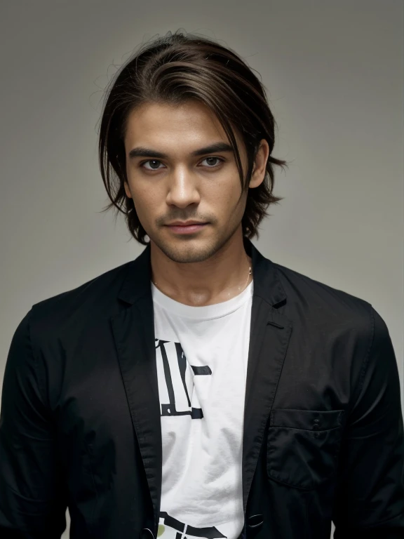 master part, best quality, ((1 homem)),cabelos azuis,olhos verdes,Serious expression, sorridente,cintura para cima,arte de linha,medium hair,blazer branco,camiseta preta,expressionless eyes,((Estilo tite kubo))