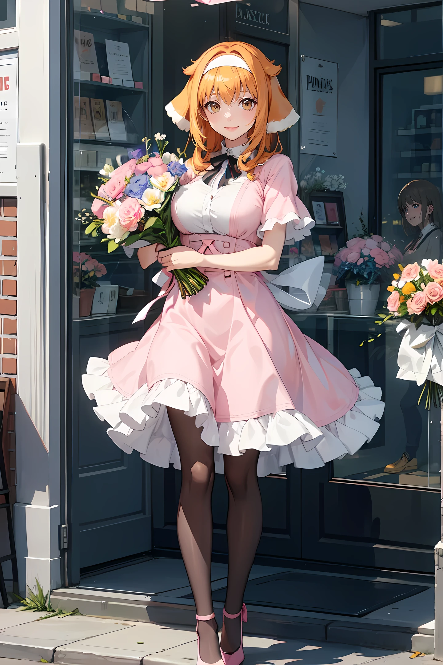 ((woman dressed holding flowers and flowers near a store window)),1girl, flower, solo, ((dog ears)), [[orange hair]], pantyhose, bouquet, looking at viewer, black hairband, yellow eyes, dress, holding bouquet, standing, short sleeves, white footwear,(dress color:white,pink:1.4), yellow flower, selling flowers, scenery,night time,wall lamp,smile, pink flowers,blue flowers, cowboy shot,large breasts,small ribbon on flower as tie,((scenery)),(((scenery))),windy,(windy:1.3),(scenery),((scenery)),(((scenery))),