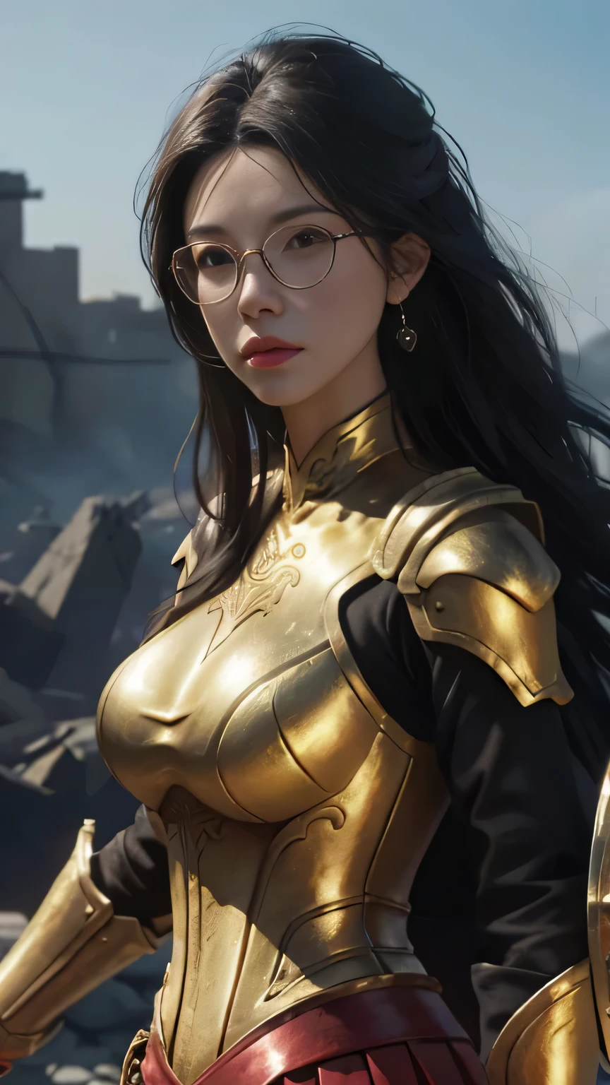 a close up of a woman in a golden and red dress, chengwei pan on artstation, by Yang J, detailed fantasy art, stunning character art, fanart best artstation, epic exquisite character art, beautiful armor, extremely detailed artgerm, detailed digital anime art, artgerm on artstation pixiv, armor girl, glasses, earnings, red latex skirt, big breast, holding shield, collapse building scene
