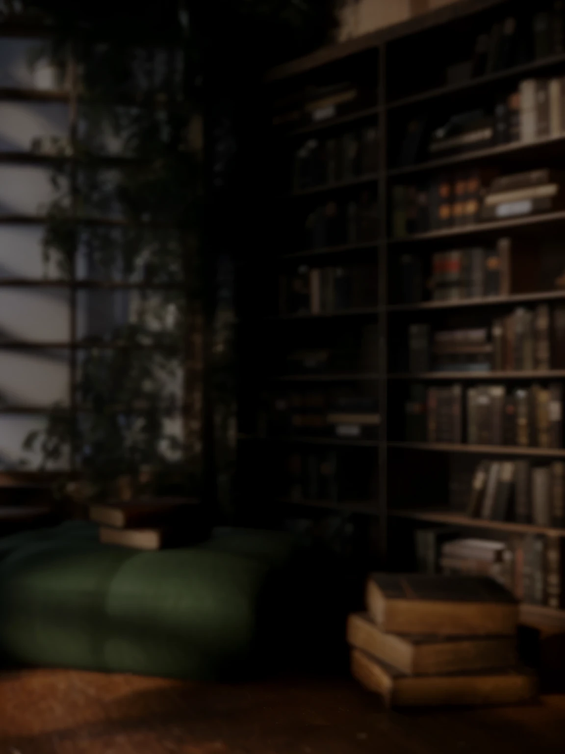 There is a cat sitting on a chair in the room, alchemist library background, library background, tilt shift library background, blurry background of the library, library interior background, gloomy library, dusty library, personal room background, magical library bokeh, in a gloomy library, some background blur, Photorealistic movie rendering, dark library, Detailed architectural visualization renderings, background = library