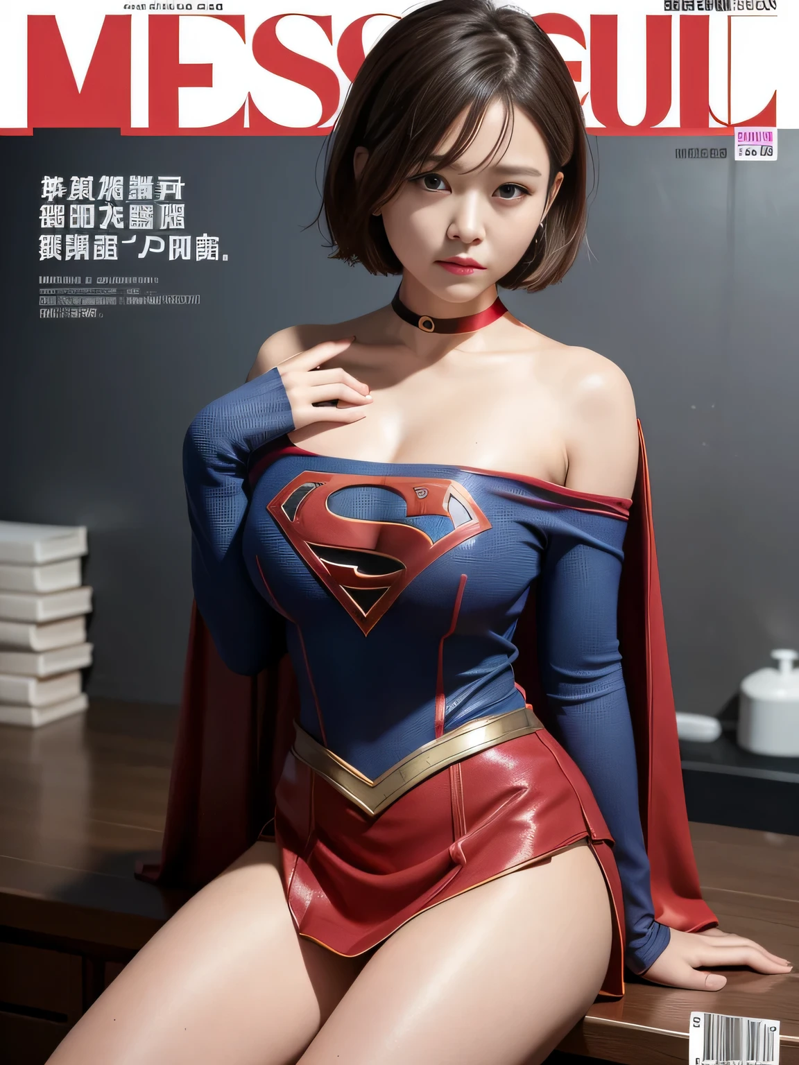 masterpiece、Supergirl Costume、short hair、barefoot、Big and ample breasts、test subject、Laboratory、victim、Crisis situation、Straddle、Sweaty、Shiny、Long sleeve、Look at the camera、sense of abuse、Estrus、choker、Weekly magazine cover、Red mini skirt、Humiliating、Seductive pose、Humiliating、Alluring、Off the shoulder、Model Body Type、Oily Skin、charm、Enchanting、abused、