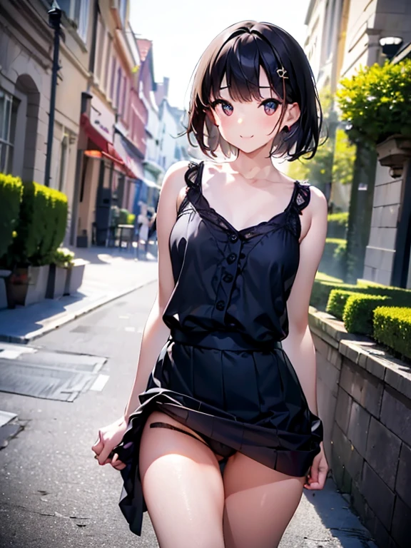 ((masterpiece)), ((best quality)), (ultra-detailed), ((kawaii)), cute, (lovely), realistic, real, full body, In town, daytime, a cute girl, 1girl, solo, Tank top,mini skirt, beautiful black hair, beautiful black eyes, ((beautiful eyes)), short hair, ribon, smile,crevage,Small ,standing,white lingerie,