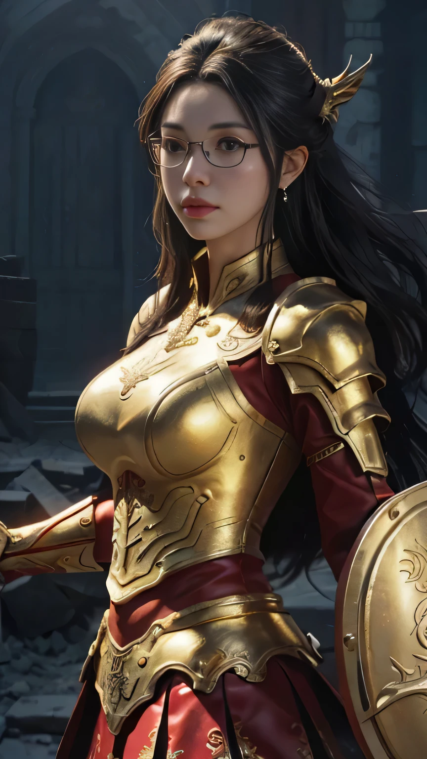 a close up of a woman in a golden and red dress, chengwei pan on artstation, by Yang J, detailed fantasy art, stunning character art, fanart best artstation, epic exquisite character art, beautiful armor, extremely detailed artgerm, detailed digital anime art, artgerm on artstation pixiv, armor girl, glasses, earnings, red latex skirt, big breast