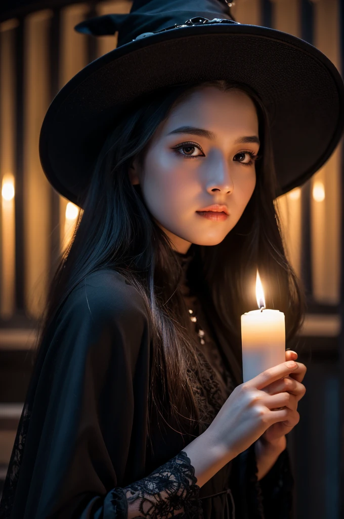 beautiful detail, best quality, 8k, highly detailed face and skin texture, high resolution, beautiful black long hair girl in black long dress with witch hat in gothic town at night, under candle light, sharp focus