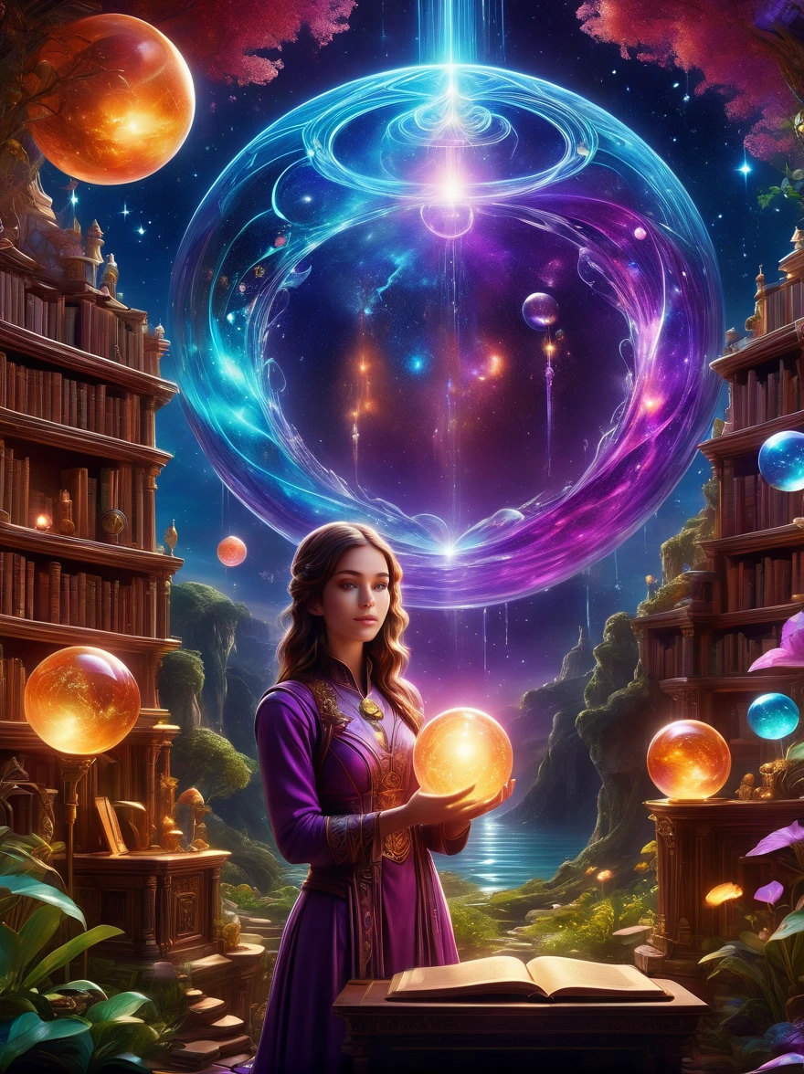 Magical World, (1 Girl trapped in a cosmic vortex nebula:1.5), Rendered with the Cosmic Beach Swirl engine, (Detailed facial features), (Beautiful facial features), Ancient and mysterious castle, Purple Stone, gemstone decoration, glowing plant, Silver Creek, colored clouds, Strange Creatures, Huge magic library, Rich book collection, Magic fluctuations, Crystal Ball, Distant galaxies, Field of magic, A female magician who studies magic, (Glowing magic symbol), Dreamland, Time and space distortion, River of Light, (Enchanted Garden), Ultra-wide lens, Bottom view, Knee Shot(KS), Full body shot(FLS), high resolution, Ultra-high quality, detailed, volumetric lighting, spectacular, ambient lights, light pollution, Movie atmosphere, art nouveau style, Illustration Artwork by SenseiJaye, Intricate details, High Detail, Hyperrealism, anatomically correct, 8k