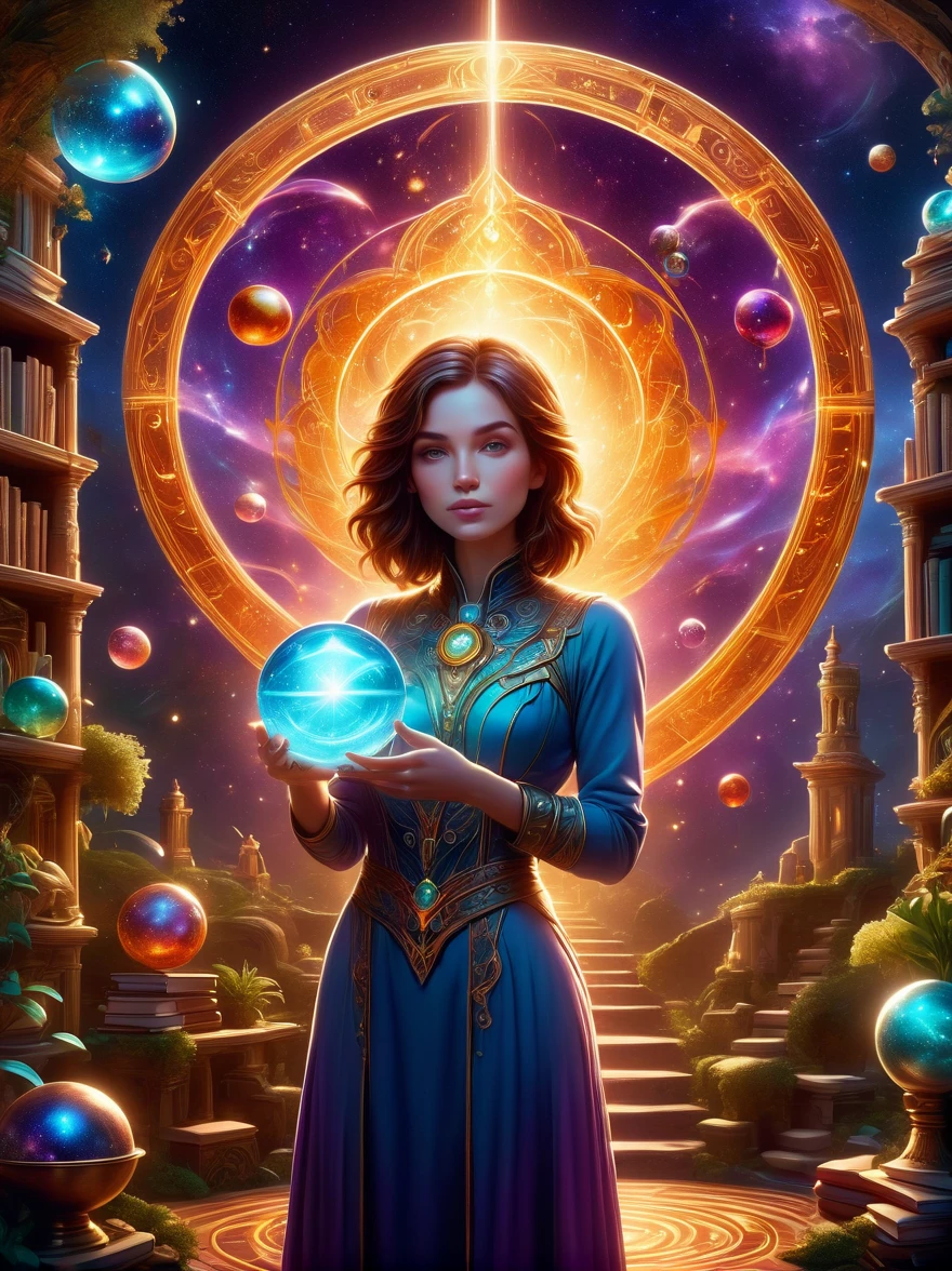 Magical World, (1 Girl trapped in a cosmic vortex nebula:1.5), Rendered with the Cosmic Beach Swirl engine, (Detailed facial features), (Beautiful facial features), Ancient and mysterious castle, Purple Stone, gemstone decoration, glowing plant, Silver Creek, colored clouds, Strange Creatures, Huge magic library, Rich book collection, Magic fluctuations, Crystal Ball, Distant galaxies, Field of magic, A female magician who studies magic, (Glowing magic symbol), Dreamland, Time and space distortion, River of Light, (Enchanted Garden), Ultra-wide lens, Bottom view, Knee Shot(KS), Full body shot(FLS), high resolution, Ultra-high quality, detailed, volumetric lighting, spectacular, ambient lights, light pollution, Movie atmosphere, art nouveau style, Illustration Artwork by SenseiJaye, Intricate details, High Detail, Hyperrealism, anatomically correct, 8k