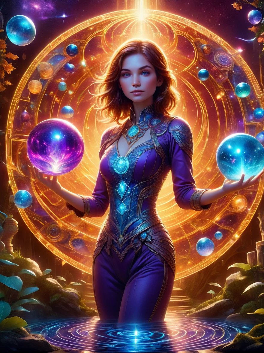 Magical World, (1 Girl trapped in a cosmic vortex nebula:1.5), Rendered with the Cosmic Beach Swirl engine, (Detailed facial features), (Beautiful facial features), Ancient and mysterious castle, Purple Stone, gemstone decoration, glowing plant, Silver Creek, colored clouds, Strange Creatures, Huge magic library, Rich book collection, Magic fluctuations, Crystal Ball, Distant galaxies, Field of magic, A female magician who studies magic, (Glowing magic symbol), Dreamland, Time and space distortion, River of Light, (Enchanted Garden), Ultra-wide lens, Bottom view, Knee Shot(KS), Full body shot(FLS), high resolution, Ultra-high quality, detailed, volumetric lighting, spectacular, ambient lights, light pollution, Movie atmosphere, art nouveau style, Illustration Artwork by SenseiJaye, Intricate details, High Detail, Hyperrealism, anatomically correct, 8k