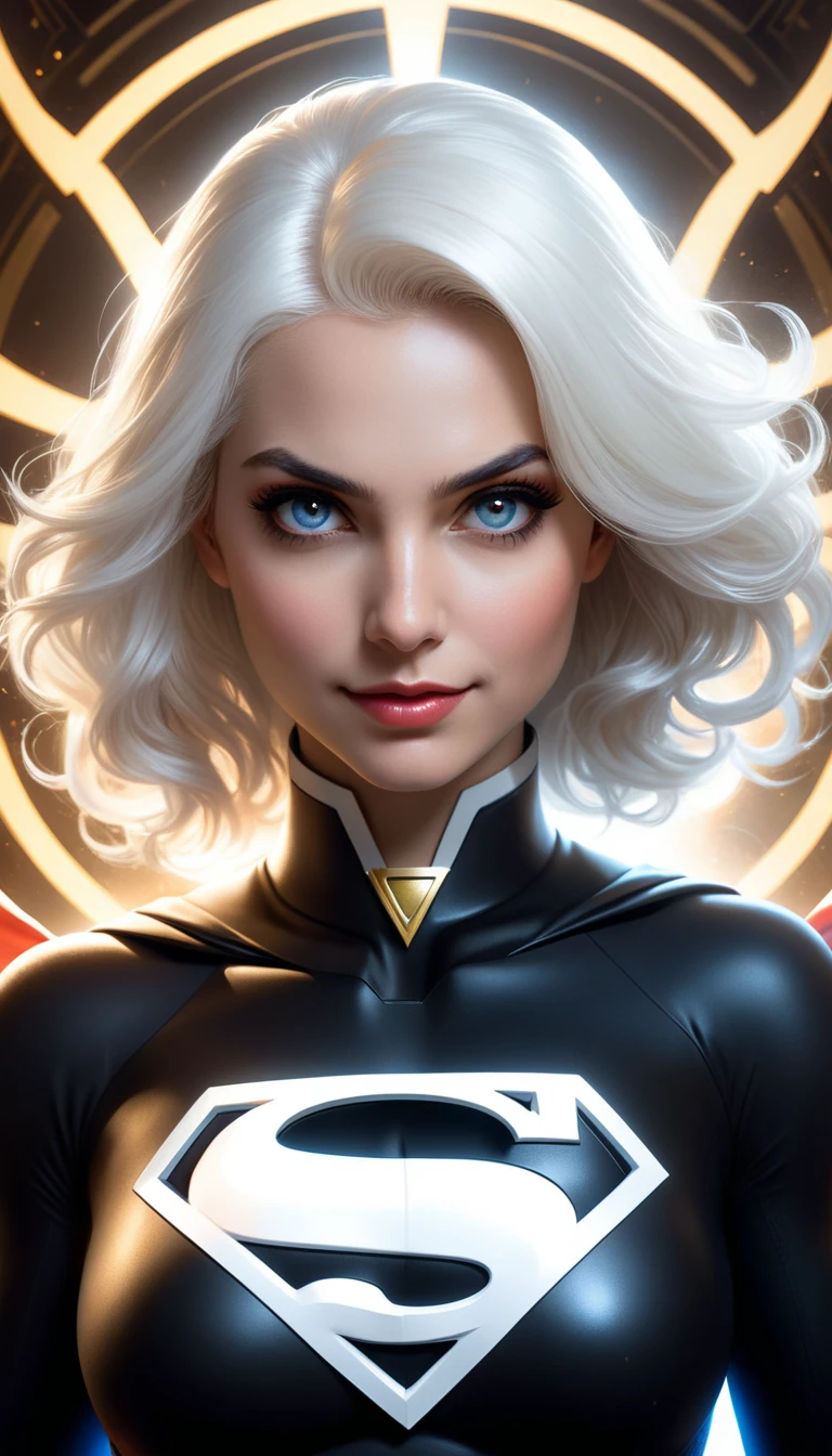 young white woman slim pale, white hair, black superman uniform, golden details, white cover, superhero art, full body, cover, choker, hyper-detailed painting, luminism, bar lighting, complex, supergirl, Comic cover style,(masterpiece, best quality:1.4), (beautiful, perfect, delicate, detailed, intricate, aesthetic:1.2), cinematic shot, natural light, light particles, sunlight, atmospheric, vivid colors, (depth of field:1.4), 4k resolution concept art portrait by Greg Rutkowski, Artgerm, WLOP, Alphonse Mucha, small fusion realistic gothic pojatti, bioluminescent fractal isometric details, looking at viewer, (perfect face, detailed face, eyeliner, glossy lips), smiling, magazine cover, (highly detailed:1.2). By DL ⭕