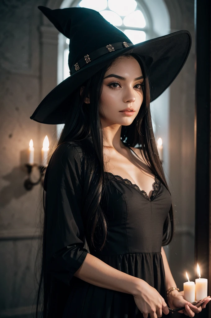 beautiful detail, best quality, 8k, highly detailed face and skin texture, high resolution, beautiful black long hair girl in black long dress with witch hat in gothic town at night, under candle light, sharp focus