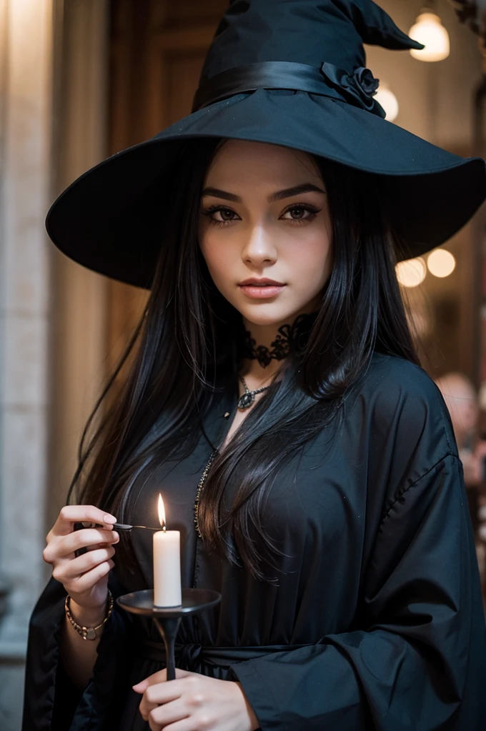 beautiful detail, best quality, 8k, highly detailed face and skin texture, high resolution, beautiful black long hair girl in black long dress with witch hat in gothic town at night, under candle light, sharp focus
