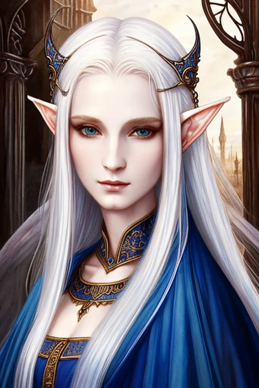 ((best quality)),masterpiece ,detailed, perfect face, painting style, elf, medieval fantasy, White hair, Wizard, Extremely pale skin, Mystic, lady, Explore