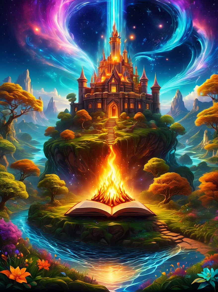 Magical World,Ancient and mysterious castle,(紫色bonfire:1.5),gemstone decoration,glowing plant,Silver Creek,Colored clouds,Strange creatures,Huge magic library,Rich collection of Bookagic waves,(bonfire:1.6),distant galaxy,Field of magic,Learning Magician,Glowing magic symbol,A land of dreams,Time and space distortion,River of Light,Magic Garden, Ultra wide angle, Upward view, Knee strikes(Xx), full length shot(FLS), High Detail, high resolution, Super quality, detailed, Surrealism,