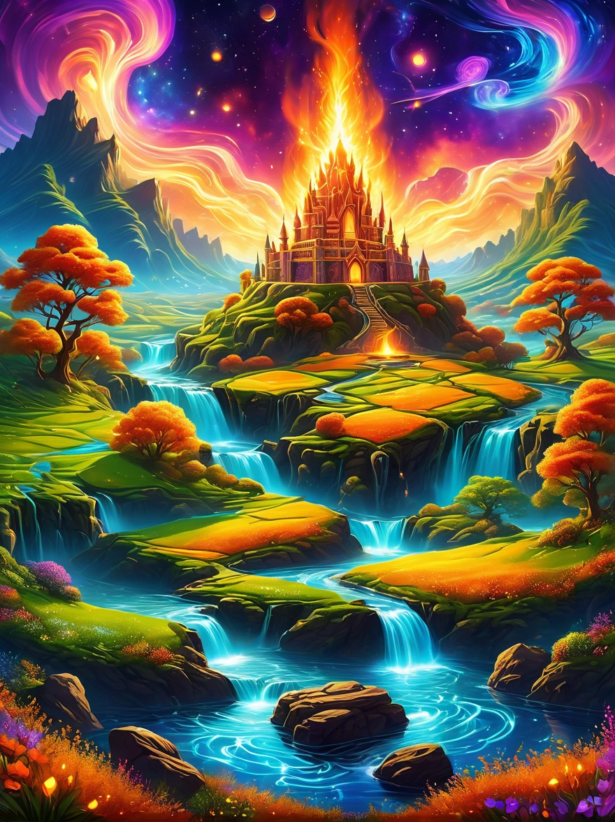 Magical World,Ancient and mysterious castle,(紫色bonfire:1.5),gemstone decoration,glowing plant,Silver Creek,Colored clouds,Strange creatures,Huge magic library,Rich collection of Bookagic waves,(bonfire:1.6),distant galaxy,Field of magic,Learning Magician,Glowing magic symbol,A land of dreams,Time and space distortion,River of Light,Magic Garden, Ultra wide angle, Upward view, Knee strikes(Xx), full length shot(FLS), High Detail, high resolution, Super quality, detailed, Surrealism,