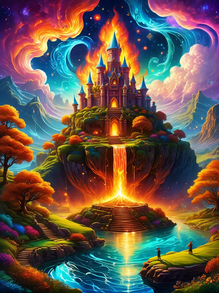 Magical World,Ancient and mysterious castle,(紫色bonfire:1.5),gemstone decoration,glowing plant,Silver Creek,Colored clouds,Strange creatures,Huge magic library,Rich collection of Bookagic waves,(bonfire:1.6),distant galaxy,Field of magic,Learning Magician,Glowing magic symbol,A land of dreams,Time and space distortion,River of Light,Magic Garden, Ultra wide angle, Upward view, Knee strikes(Xx), full length shot(FLS), High Detail, high resolution, Super quality, detailed, Surrealism,