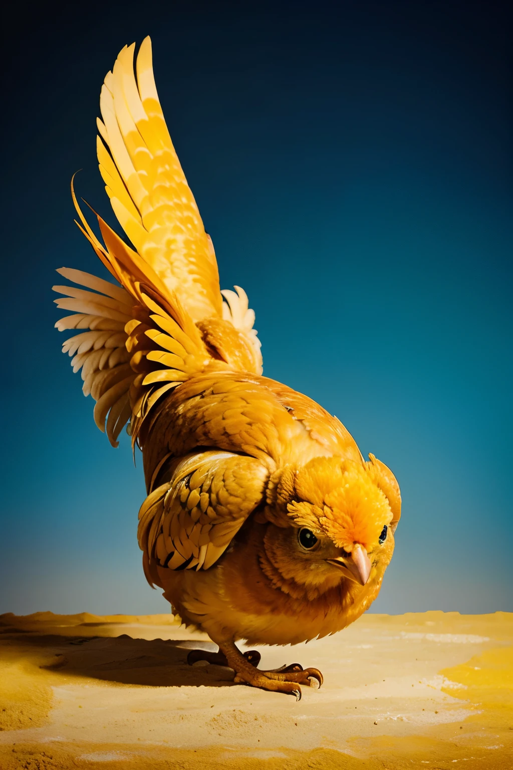 Golden colorful chicken, cartoon, gentle and warm, turning its head sideways to the right, with blue elements in the upper left corner