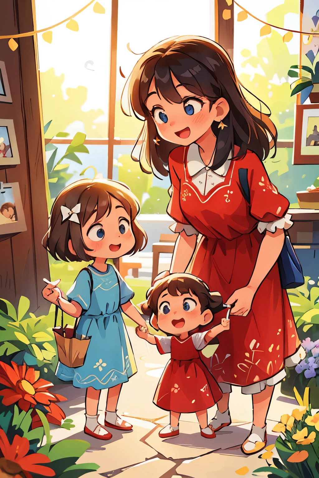 Mother takes two sisters shopping in a bustling mall, their faces glowing with excitement. The older sister, with long, curly chestnut hair and a radiant smile, tries on a bright red dress that complements her fair complexion. Her younger sister, with a petite frame and short, straight blonde hair, models a pretty blue frock, its delicate floral patterns bringing out her sparkling blue eyes. They share laughter and playful banter as they select outfits, creating memories of their special shopping day with their loving mother. The vibrant colors and intricate patterns of their choices come together, creating a beautifully detailed scene fit for a high-quality family portrait. As Mother carefully helps them