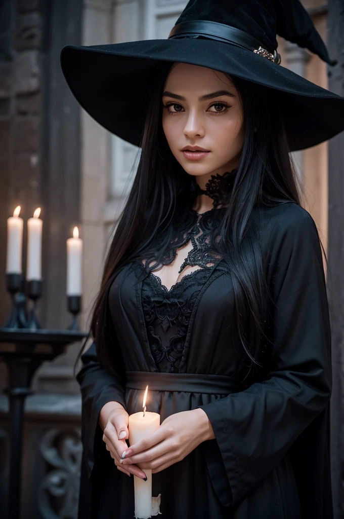 beautiful detail, best quality, 8k, highly detailed face and skin texture, high resolution, beautiful black long hair girl in black long dress with witch hat in gothic town at night, under candle light, sharp focus