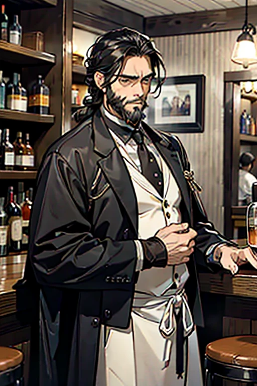 masterpiece , best quality , man , Set , Black Hair , Braided hairstyle , gentleman , old man with a beard , at the bar , Melancholy expression