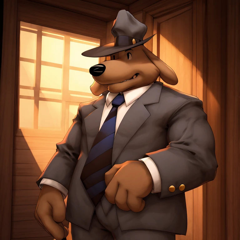 Solo, dog, grey suit, hat, canine, brown fur, dog ears, floppy ears, mature