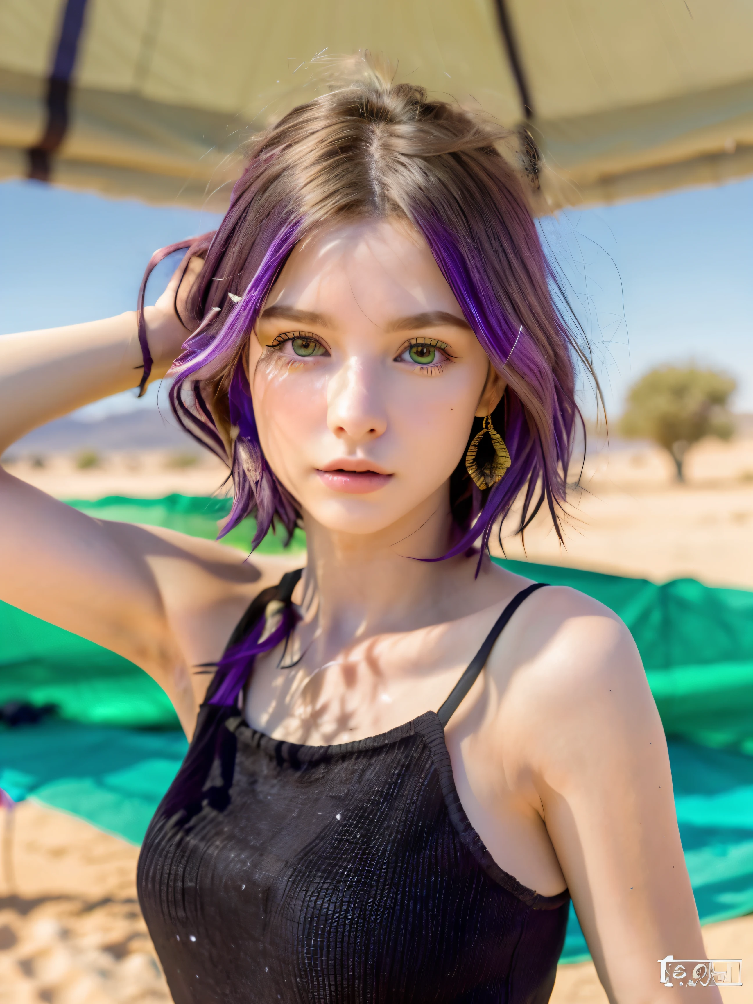 (8k), (highest quality), (Best details)Purple Hair、Green Eyes、Tank top、Tattoo、Very short hair、Beautiful French woman、Relax at a waterhole in the Namib Desert、flying birds、shrub、tent