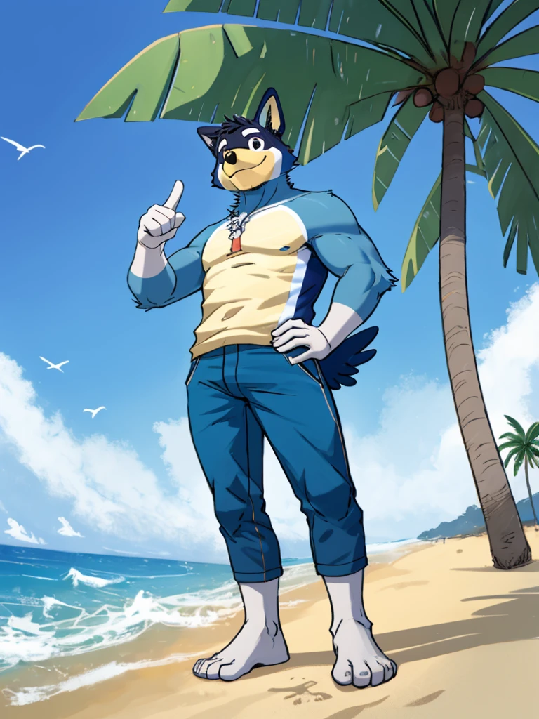 masterpiece, best quality, illustration, flat color, anime coloring, good anatomy, absurd res, by Paul Hedley，Anthropomorphic dog，Plush body，blue fur, Stand with your feet apart，one hand pointing to the sky，one hand on hip，Visual audience，Confident smile，seaside，Blue sky，Waves，Seagull，coconut tree