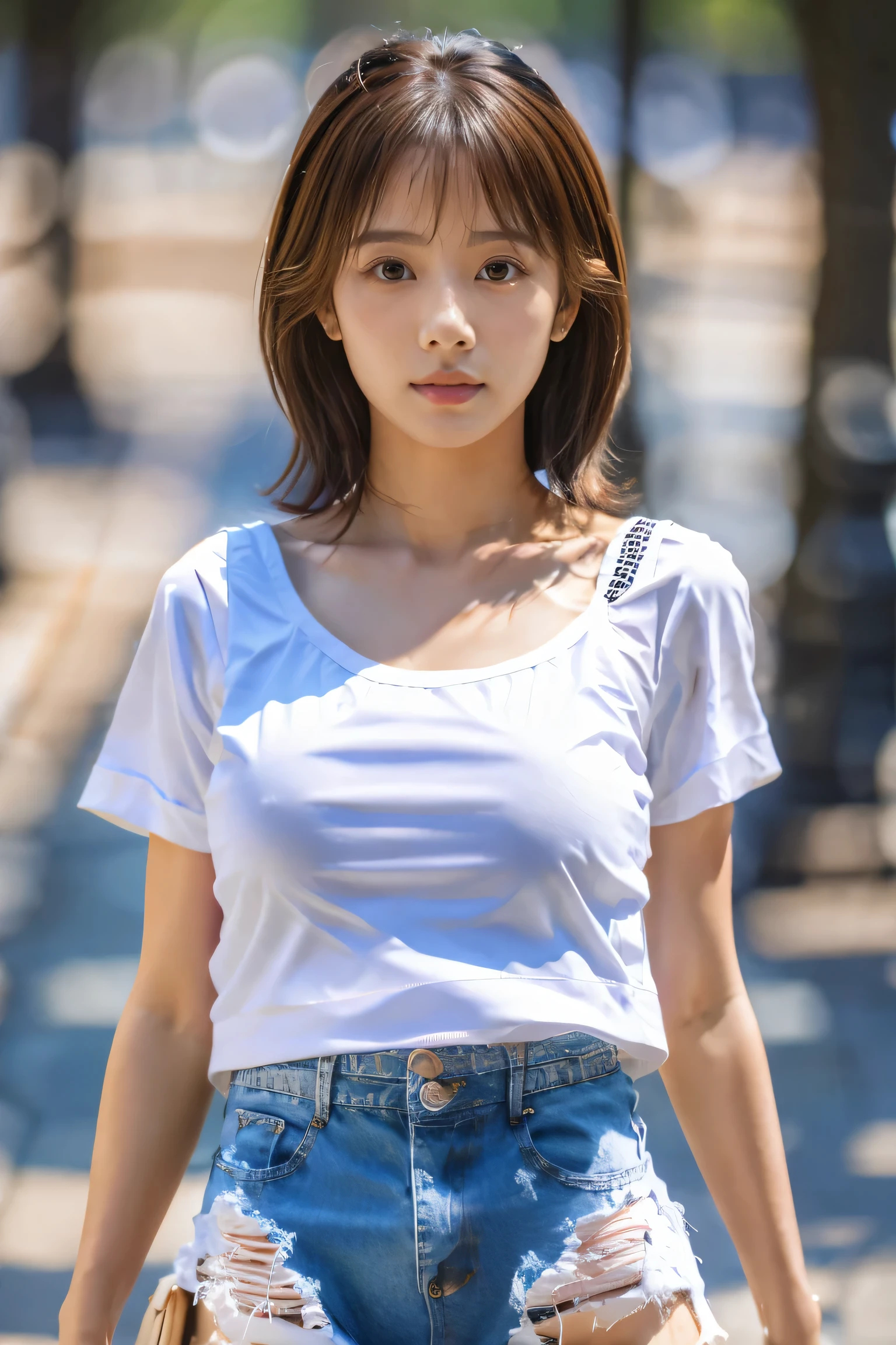 masterpiece, highest quality, Photorealistic, Very detailed, finely, High resolution, 8K Wallpaper, Professional, High level of detail, ((One 18 year old girl:1.2)), Slender Japanese women,cute lips, Detailed clavicle, Mid-chest、Perfect Face, (Cute short hair:1.5), Chestnut Hair、((Braless and white T-shirt:1.5))、((Denim shorts:1.5))