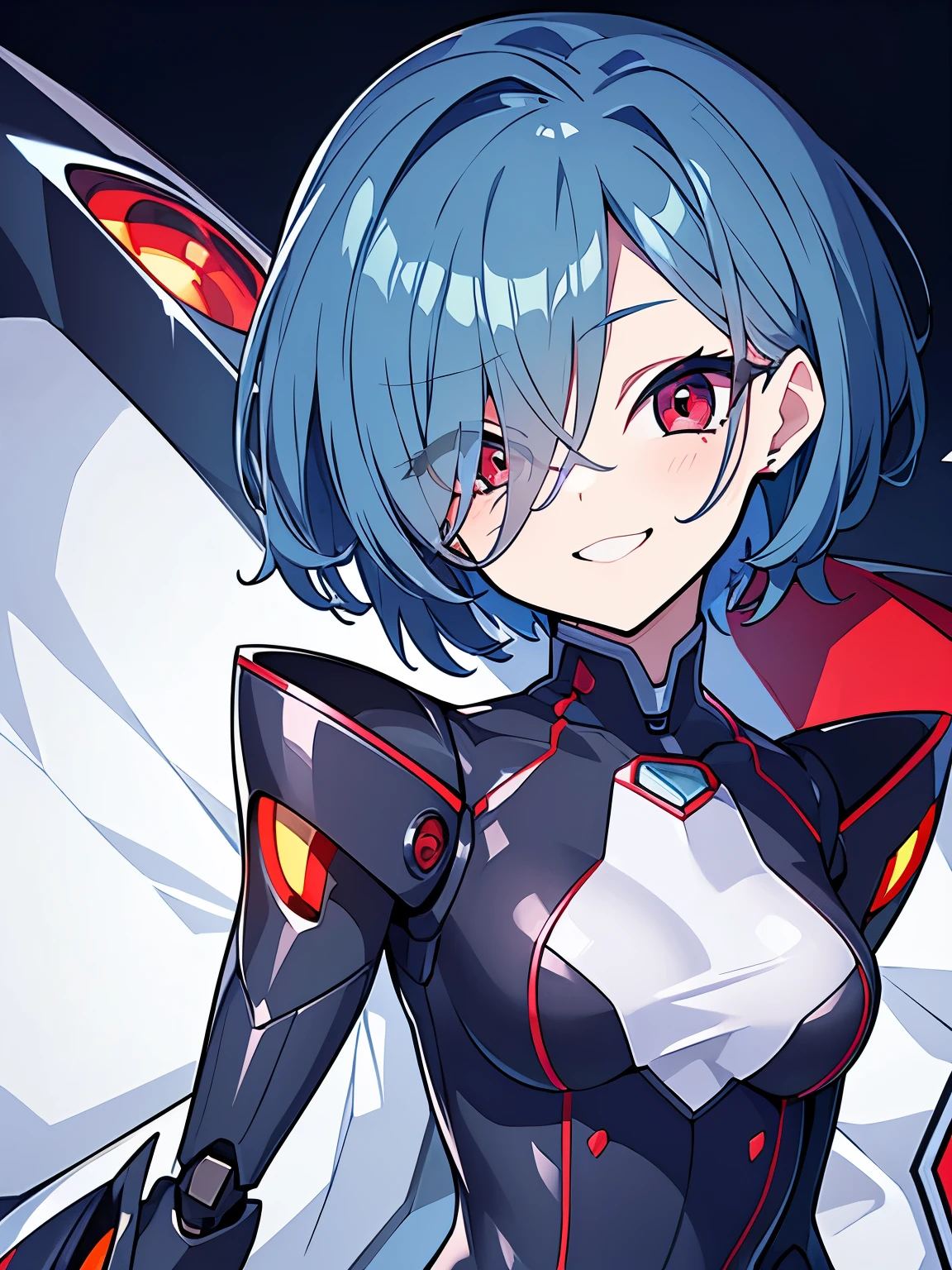 (highest quality、masterpiece:1.2) ((robot)) ((女のrobot1人)) Blue Hair、Red eyes、short hair、elegant (coat) Beautiful Eyes、Beautiful Hair、Beautiful Teeth (smile) (The whole body is visible) (Urban Background) (Hair covering the eyes)