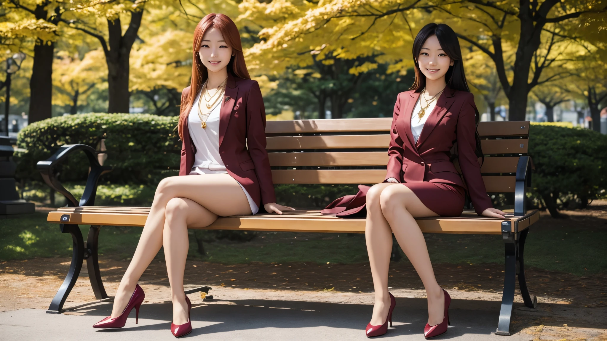 A beautiful smiling Japanese girl, 21yo. Alone. Long golden hair, wears a gold necklace and pendant to back up her kitsune powers. Height 5'4”, weight 108 pounds. She wears deluxe red maroon formal office clothes that are manners and elegant, and high-heeled shoes. Her body is slim, proportional and toned. She sat politely on a park bench in the middle of Osaka city park.