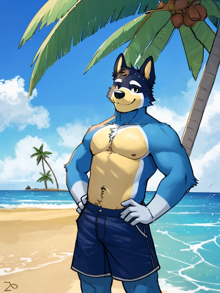 masterpiece, best quality, illustration, flat color, anime coloring, good anatomy, absurd res, by Paul Hedley，Anthropomorphic dog，Plush body，blue fur, Topless，Blue shorts，Stand with your feet apart，one hand pointing to the sky，one hand on hip，Visual audience，Confident smile，seaside，Blue sky，Waves，Seagull，coconut tree