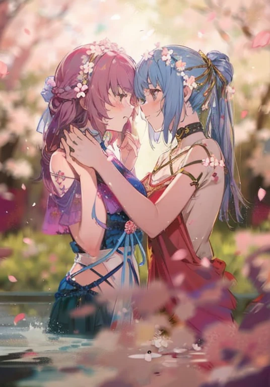 Two women facing each other,dress,cherry blossoms