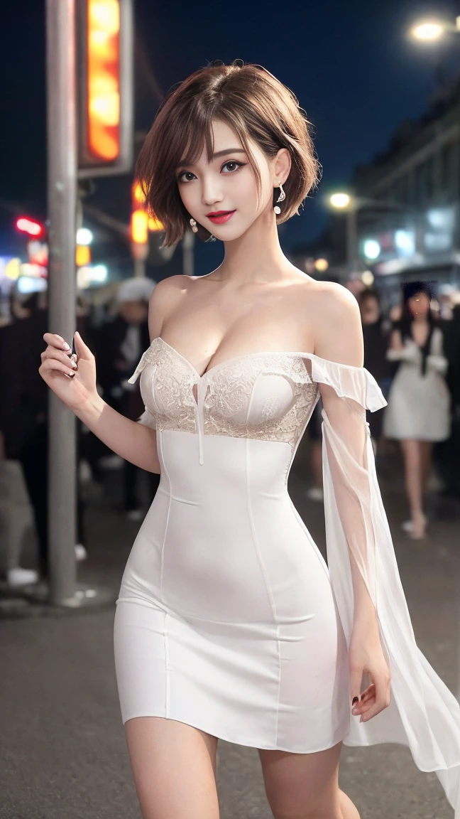 ((masterpiece:1.2, 8K:1.2, RAW photos,:1.2 realistic:1.2,very detailed:1.2, Best image quality:1.2,ultra high definition:1.2,best quality:1.2,cinematic light,Depth of recorded boundary)),1 cute girl,(sexy 10 year old),It's surprisingly cute,detailed eyes,long eyelashes,double eyelid,light makeup,slim body,perfect proportions,big bust,split,thin waist,arch your back,surprisingly short hair,(very short bob),((pixie cut:1.2)),light brown hair,Messy and unkempt hair,laugh,((tight dress)),((dress that fits well)),(((tube top dress)),((off shoulder dress)),((sleeveless dress)),(Short lengthワンピース),shoulder exposure,bare shoulders,(Short length),((One piece without shoulder straps)),long side slits,I can see your panties,thighs,魅力的なthighs,(audience view),dynamic,earring,((fascination:1.2)),Street at night、small neon sign,(Dress with intricate details),((walk)),((fascination적인 포즈)),