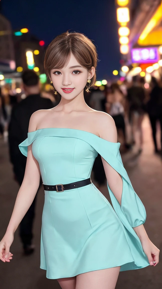 ((masterpiece:1.2, 8K:1.2, RAW photos，:1.2 realistic:1.2，very detailed:1.2， Best image quality:1.2，ultra high definition:1.2，best quality:1.2，cinematic light，Depth of recorded boundary))，1 cute girl，(sexy )，It's surprisingly cute，detailed eyes，long eyelashes，double eyelid，light makeup，slim body，perfect proportions，big bust，split，thin waist，arch your back，surprisingly short hair，(very short bob)，((pixie cut:1.2))，light brown hair，Messy and unkempt hair，laugh，((tight dress))，((dress that fits well))，(((tube top dress))，((off shoulder dress))，((sleeveless dress))，(Short lengthワンピース)，shoulder exposure，bare shoulders，(Short length)，((One piece without shoulder straps))，long side slits，I can see your panties，thighs，魅力的なthighs，(audience view)，dynamic，earring，((fascination:1.2))，Street at night、small neon sign，(Dress with intricate details)，((walk))，((fascination적인 포즈))，
