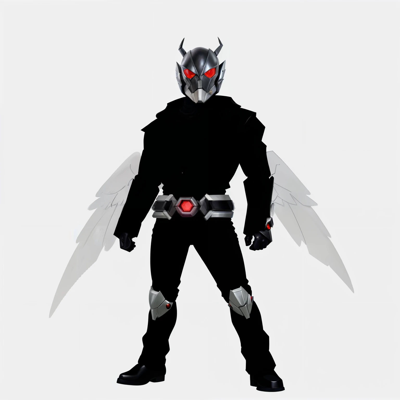 a close up of a person in a black suit with red eyes, kamen rider character, high fantasy kamen rider, kamen rider ghost, kamen rider action pose, kamen rider, trigger anime artstyle, humanoid form, silver eyes full body, black wings instead of arms, cel shadow, jin - roh, insectoid, full body concept, tokusatsu