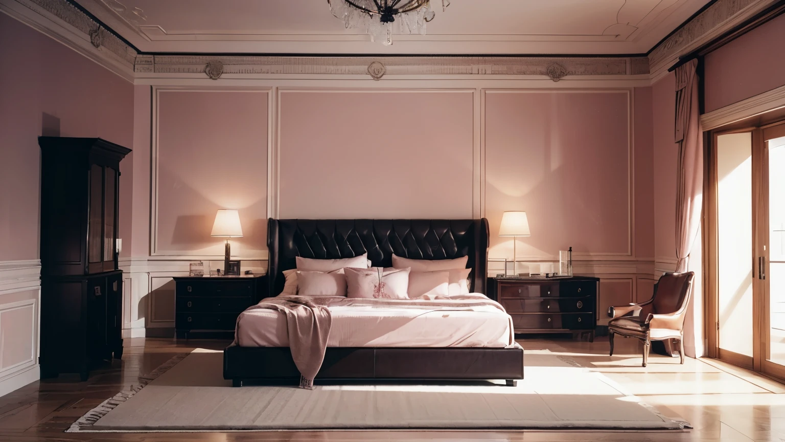 masterpiece, ccurate, super detail, high detail, high quality, best quality, highres, 4K, cinematic lighting, interior architecture, 2-person bedroom fully furnished, leather furniture, very light pink color, EU5.